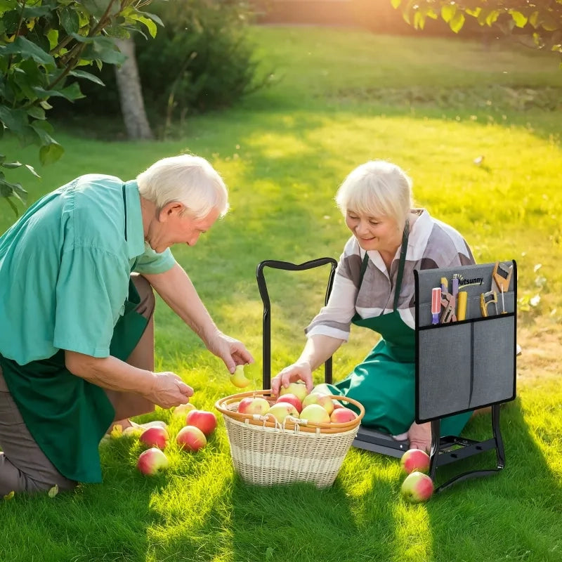 Sgabello da giardino pieghevole con cuscinetto per ginocchia e tasche porta-attrezzi, grigio, 58x28x49 cm, portata fino a 150 kg