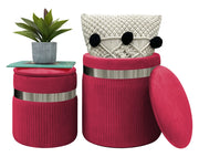 Set Di 2 Pouf Contenitori In Velluto Design Moderno Poggiapiedi,Sgabello Tondo con Coperchio Rimovibile e Seduta Imbottita Alta DensitÃ  Con Fascia In Metallo Contenitore Capiente Storage Box Bordeaux