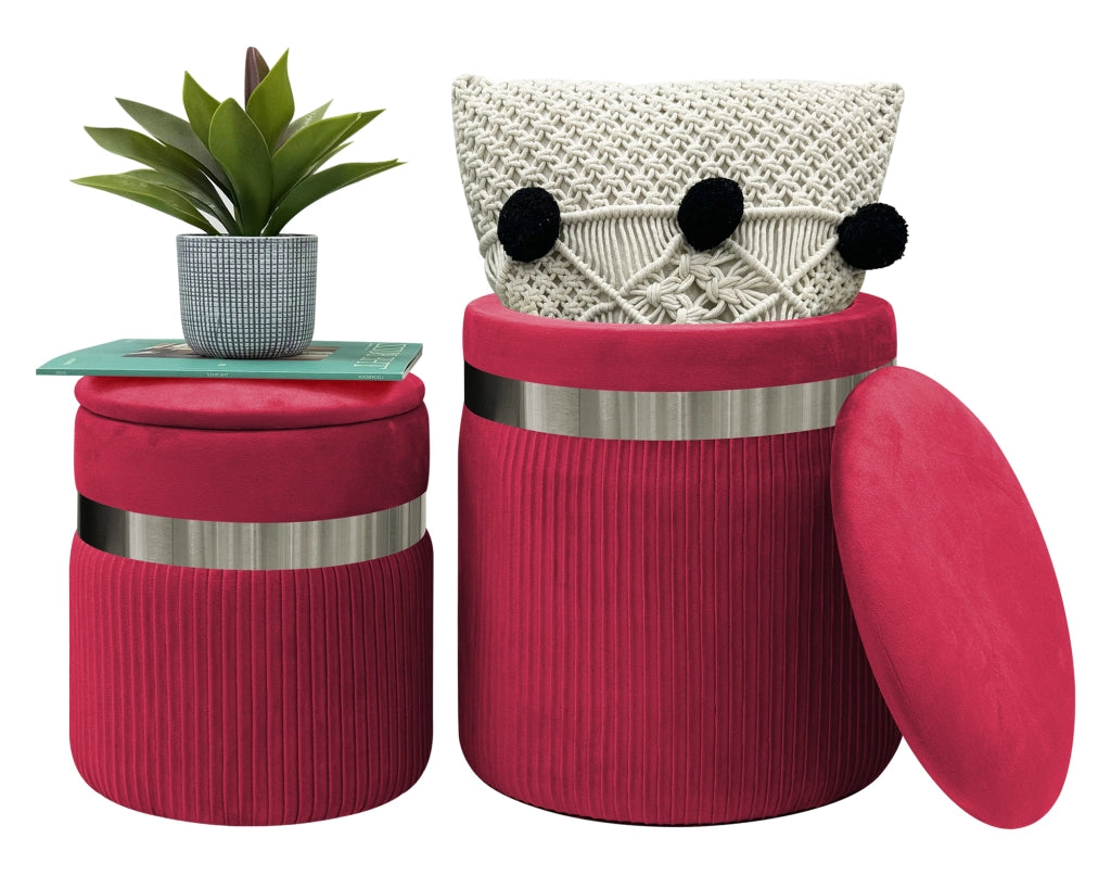 Set Di 2 Pouf Contenitori In Velluto Design Moderno Poggiapiedi,Sgabello Tondo con Coperchio Rimovibile e Seduta Imbottita Alta DensitÃ  Con Fascia In Metallo Contenitore Capiente Storage Box Bordeaux