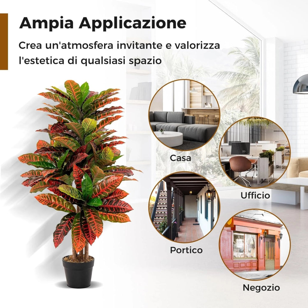 Pianta Artificiale di Croton 100 CM, Albero di Croton Finto con Foglie Variopinte, Tronco Naturale in Legno, Pianta Finta Realistica per Ufficio e Casa