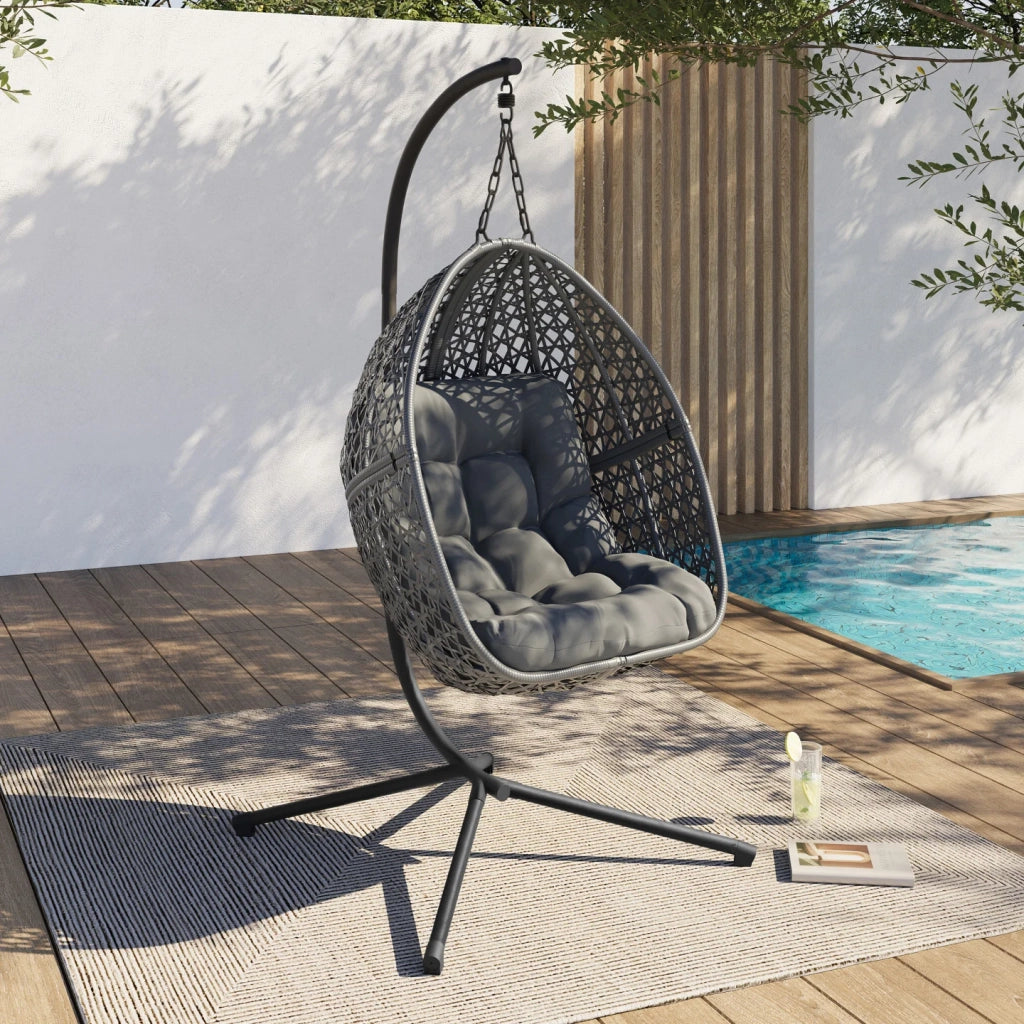 IDMarket - Poltrona a luna sospesa in rattan traforato con cuscino grigio