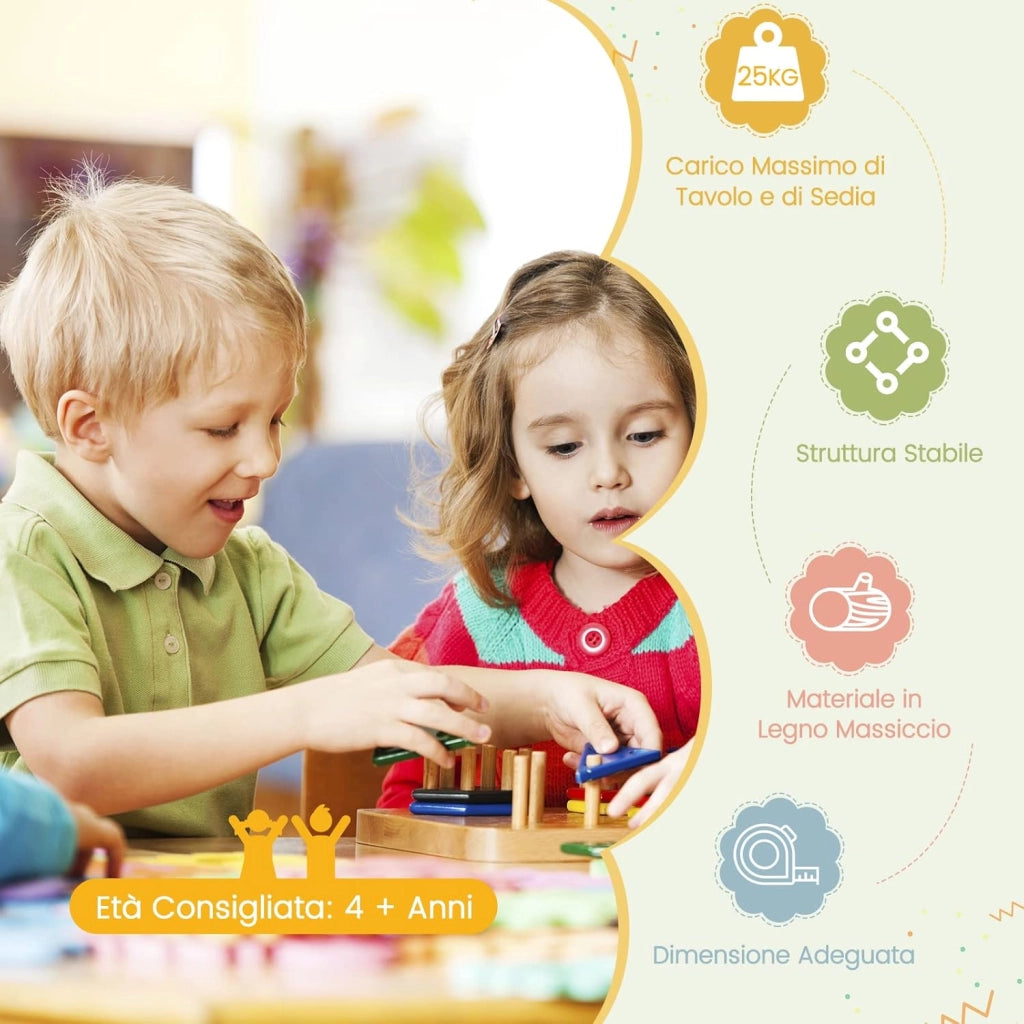 Set Tavolo e Sedie per Bambini - Schienale Curvo in Legno, 4 Sedie, Tavolo Attività per Bambini, Capacità di Peso 25kg, 4+ Anni, Colorato
