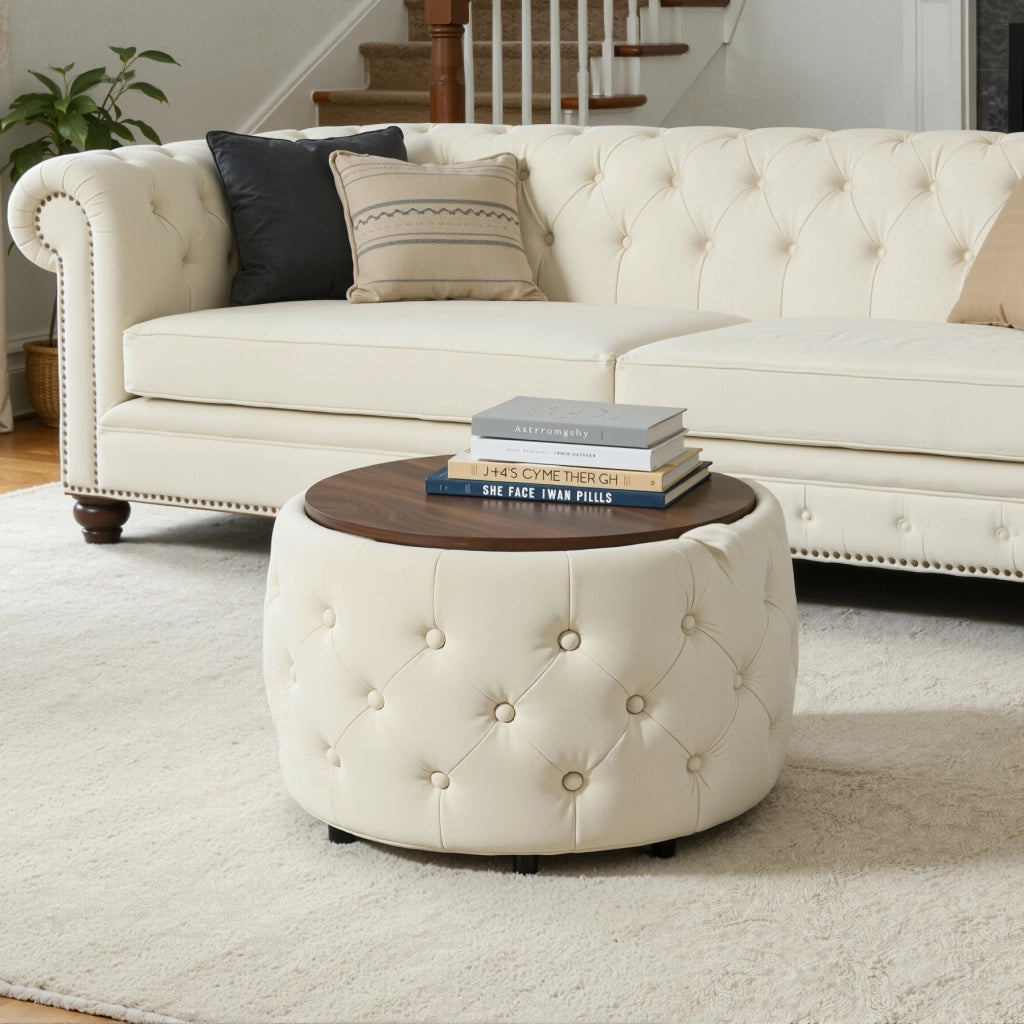 Pouf contenitore 2 pezzi salvaspazio 4 in 1 con vassoio rimovibile e vano interno in velluto beige 59,6 × 59,6 × 38 cm