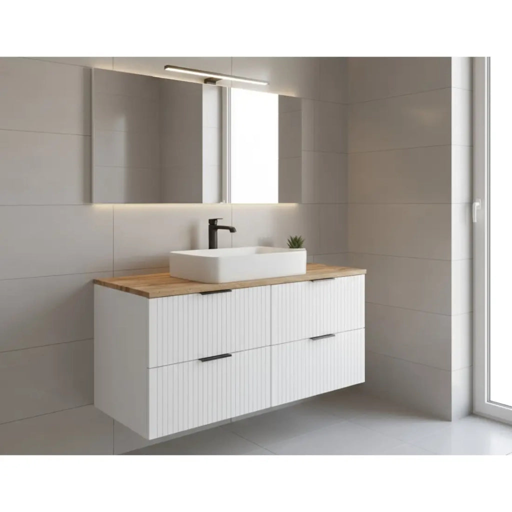 Set da bagno NOXERA 120 cm – Bianco alpino – Piano per lavabo in rovere wotan