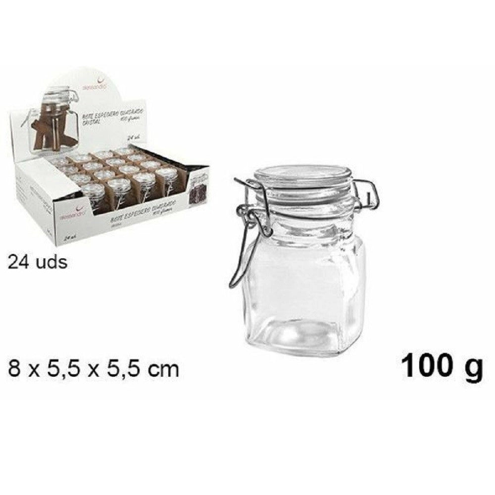 Trade Shop - Set 24 Pezzi Barattolo Quadrato Vasetto Con Tappo Porta Spezie Vetro 100g 100828 -