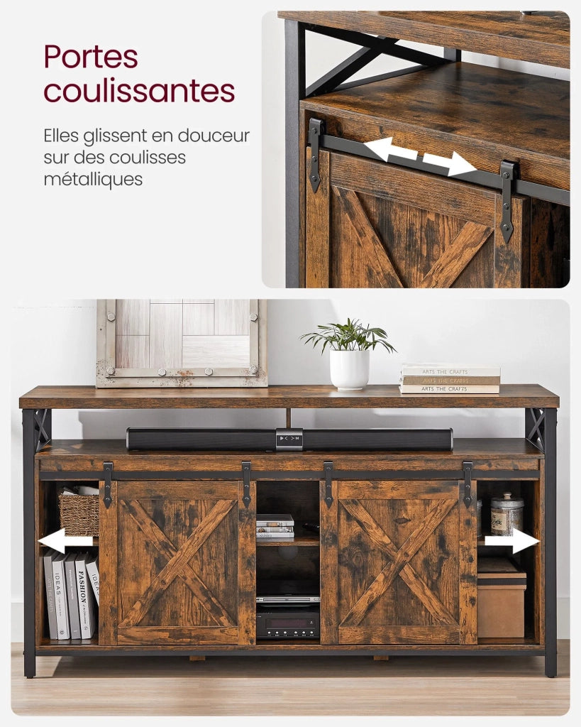 Mobile porta TV per TV fino a 65 pollici con ripiani regolabili 40 x 147 x 76 cm ante in stile fienile rustico struttura in metallo marrone e nero rustico 12_0006574
