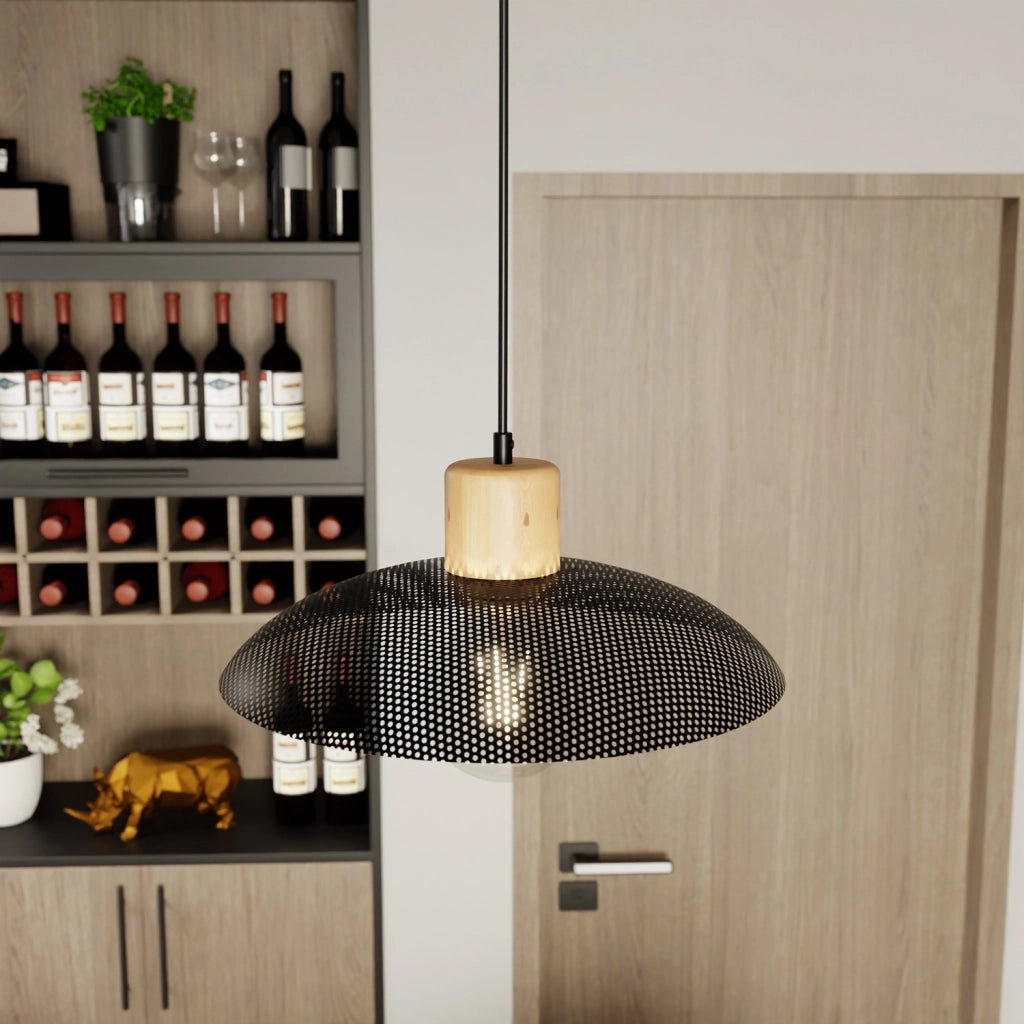 Sospensione Nordica Ishtar 1 Luce In Legno E Acciaio Nero