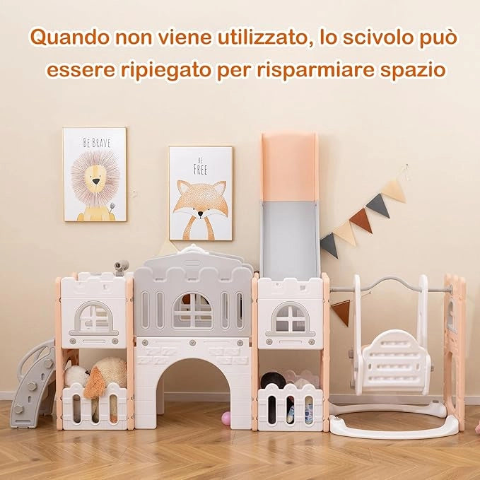 10 in 1 Parco Giochi per Bambini, Set Altalena e Scivolo con Canestro da Basket Telescopio Volante, Palestra da Gioco per Bambini 1 Anni + (Rosa)