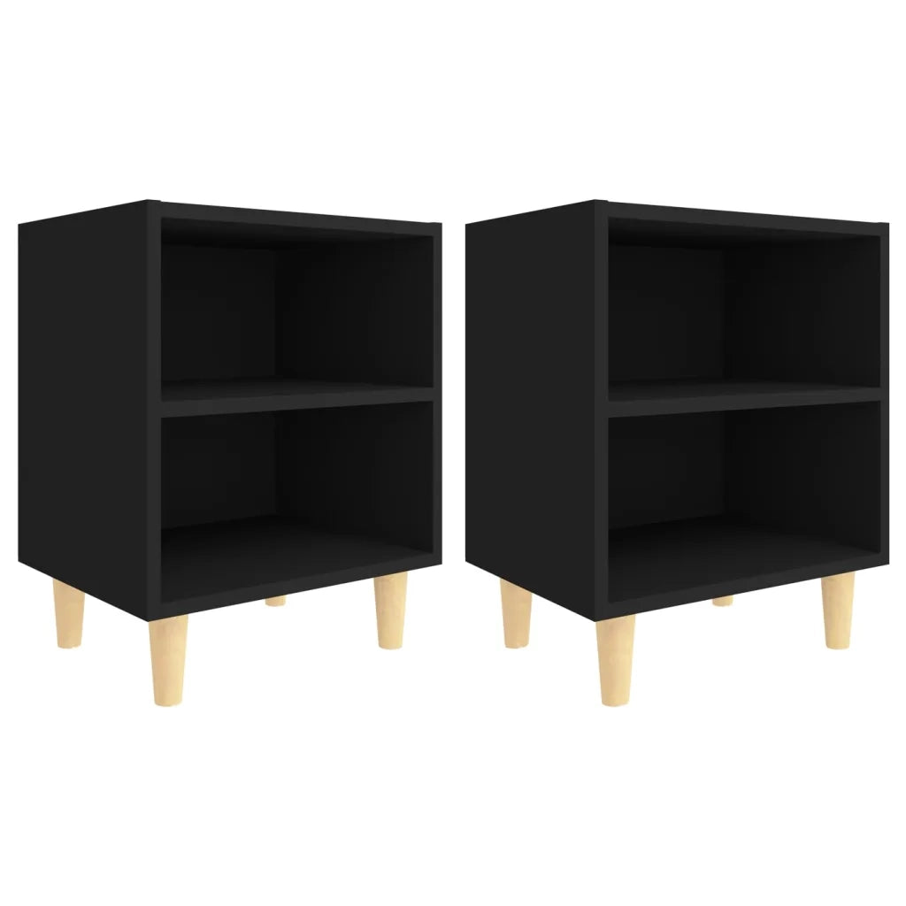 Comodini con Gambe in Legno Massello 2pz Neri 40x30x50 cm 805782