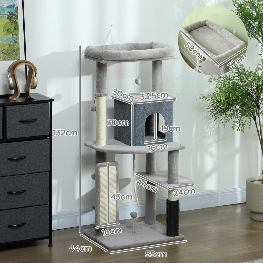 Albero per Gatti Multilivello con Casetta, Lettino e Tiragraffi ¨C Minimal ¨C Grigio 132 cm