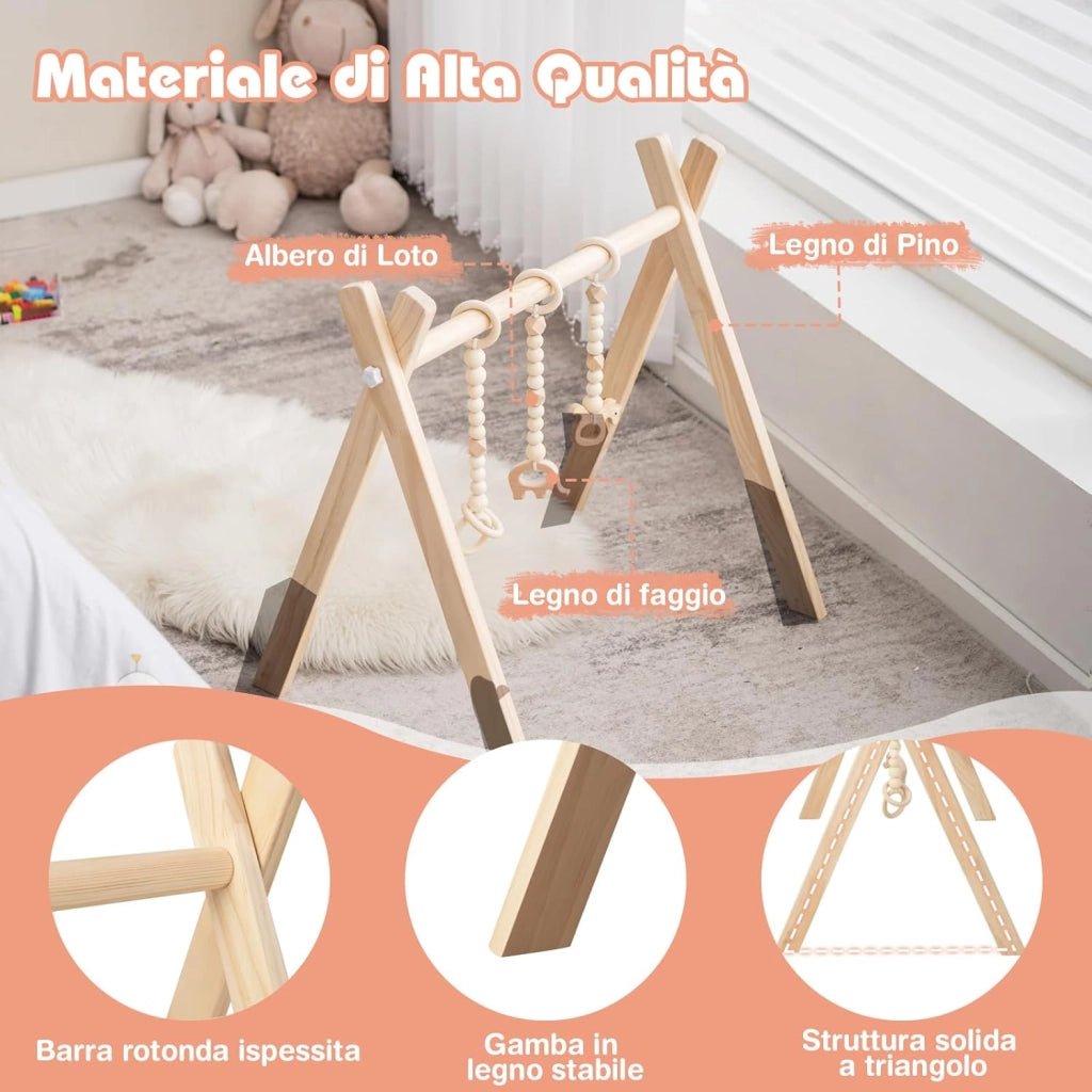 Palestrina per Bambini, Palestrina con Giocattoli per Dentizione Sviluppo Cerebrale Stimolazione Sensoriale, Pieghevole, in Legno, per Bambini 3+ Mesi (Naturale(1))
