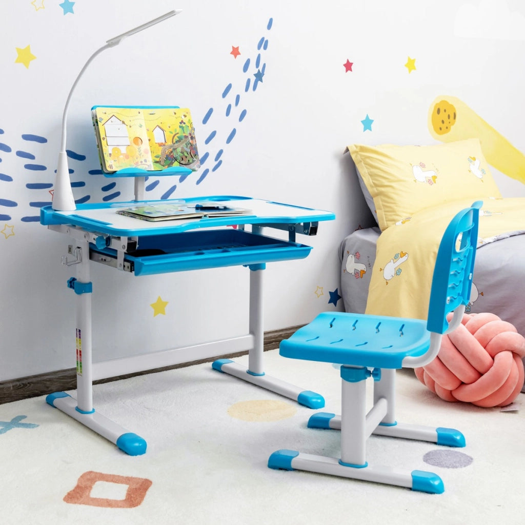 Set scrivania e sedia per bambini con altezza regolabile, Scrivania e sedia con leggio per libri e luce LED Blu-Tavoli e sedie