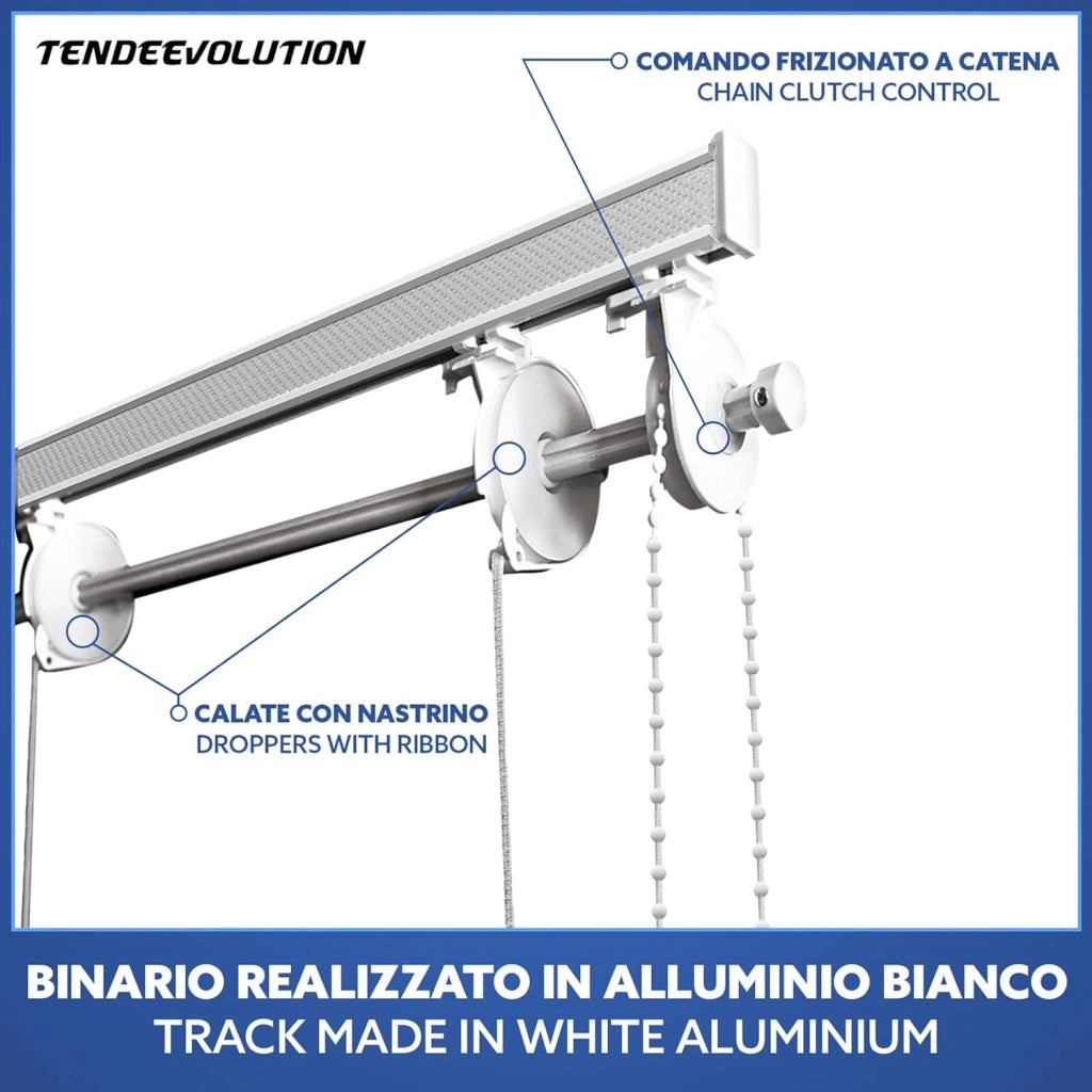 BASTONE BINARIO PER TENDA A PACCHETTO CON 9 CALATE A SGANCIO RAPIDO IN ALLUMINIO BIANCO LUNGHEZZA 300 CM Attacco Soffitto COMANDO A SINISTRA