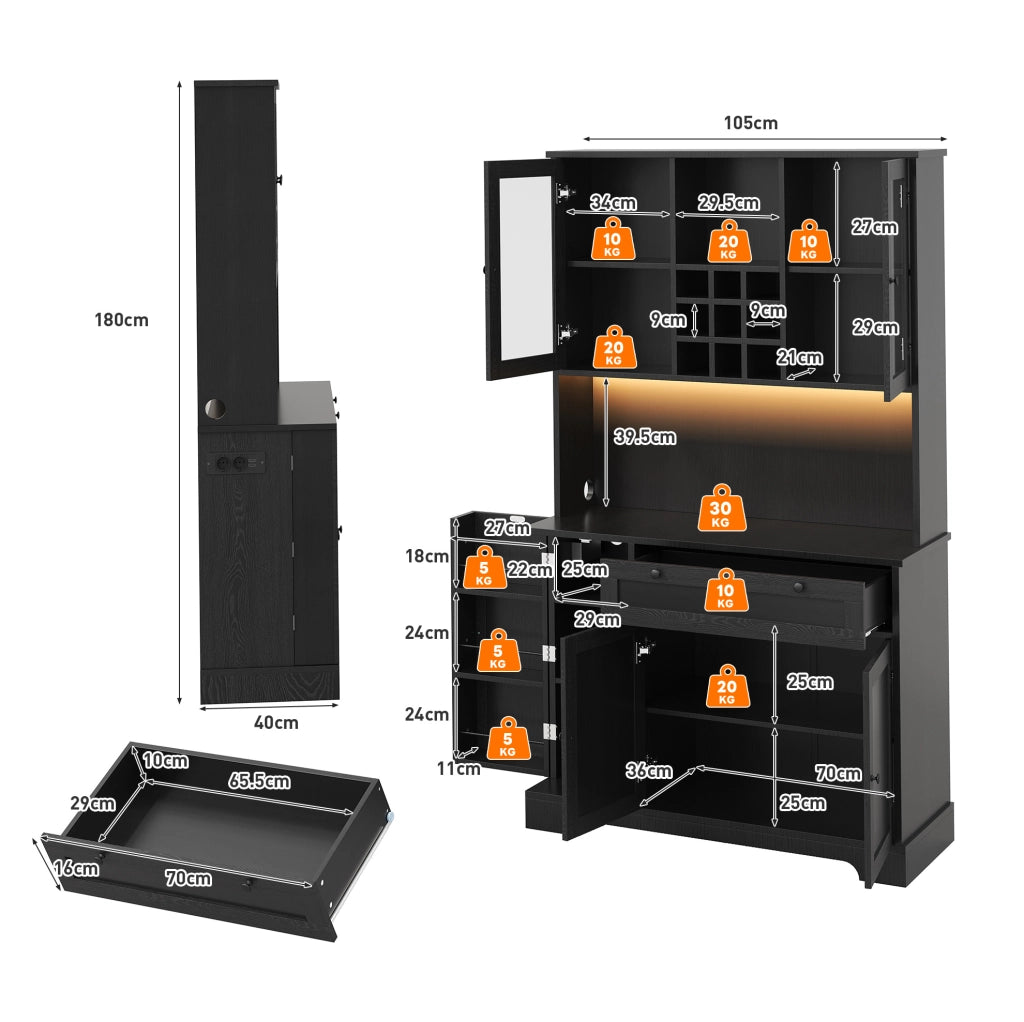 Mobile buffet nero con LED multicolore, presa integrata e ripiani regolabili