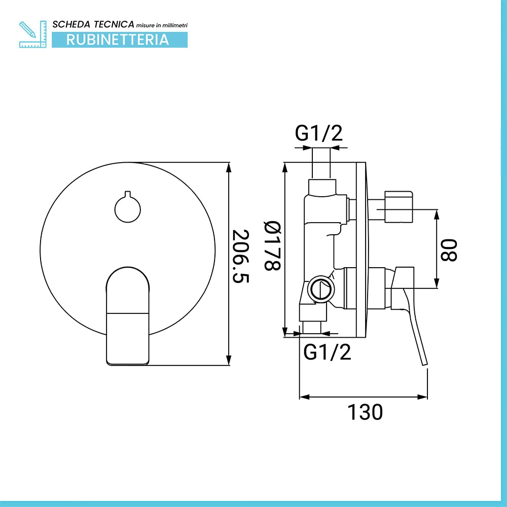 Miscelatore ad incasso per doccia in ottone cromato lucido con deviatore Sound