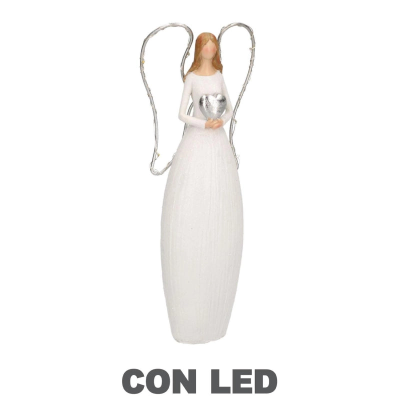 Angelo resina bianco con led e cuore cm 10x5h24