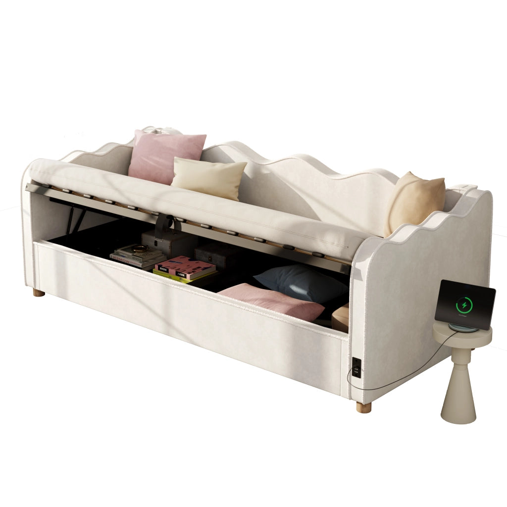 Letto imbottito 90x200 cm con contenitore idraulico, struttura con rete, velluto beige, USB e Type-C