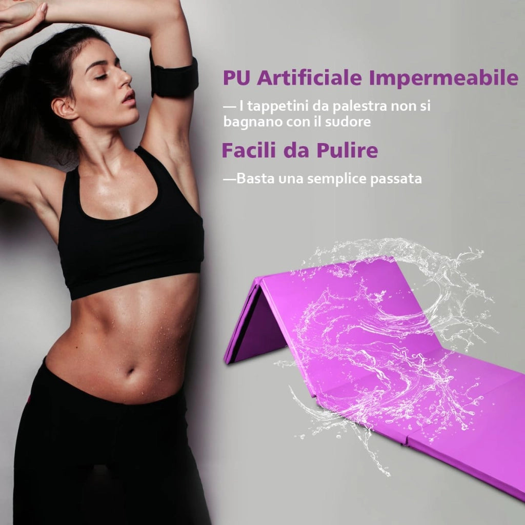 Tappettino da Ginnastica Pieghevole 240 x 116 x 5 cm, Tappetto Palestra da Terra con Maniglie Portatile, Materassino da Allenamento per Fitness e Yoga (Viola)