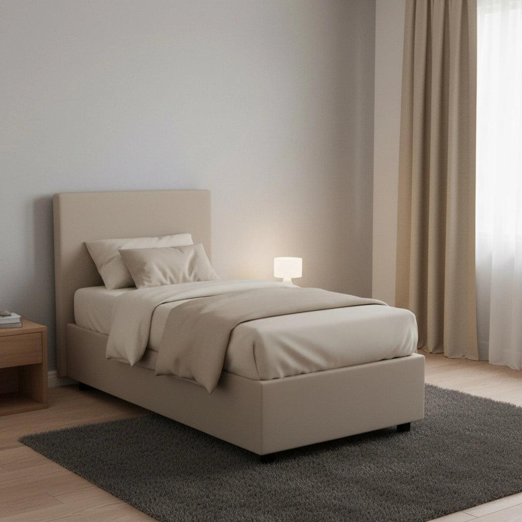 Letto singolo Albia, Letto contenitore con rivestimento in ecopelle, Made in Italy, Apertura frontale, con materasso cm 90x200 incluso, Tortora