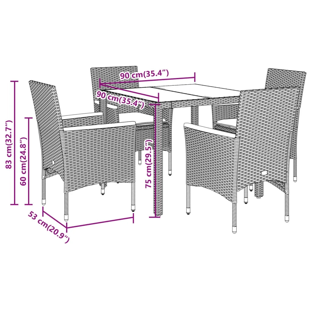 Set da Pranzo da Giardino 5 pz con Cuscini Polyrattan e Vetro 3278652