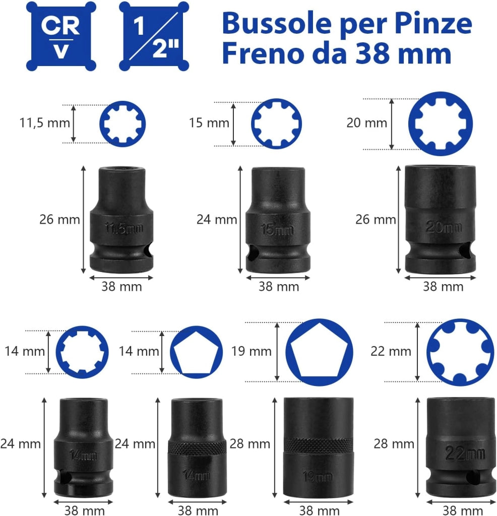 Set di Bussole per Pinze Freno da 16 Pezzi, Kit di Attrezzi per la Regolazione dei Freni con Chiave di Trasmissione da 1/2”, Compatibile con Vari Veicoli, 28 x 7 x 18 cm (Arancione)