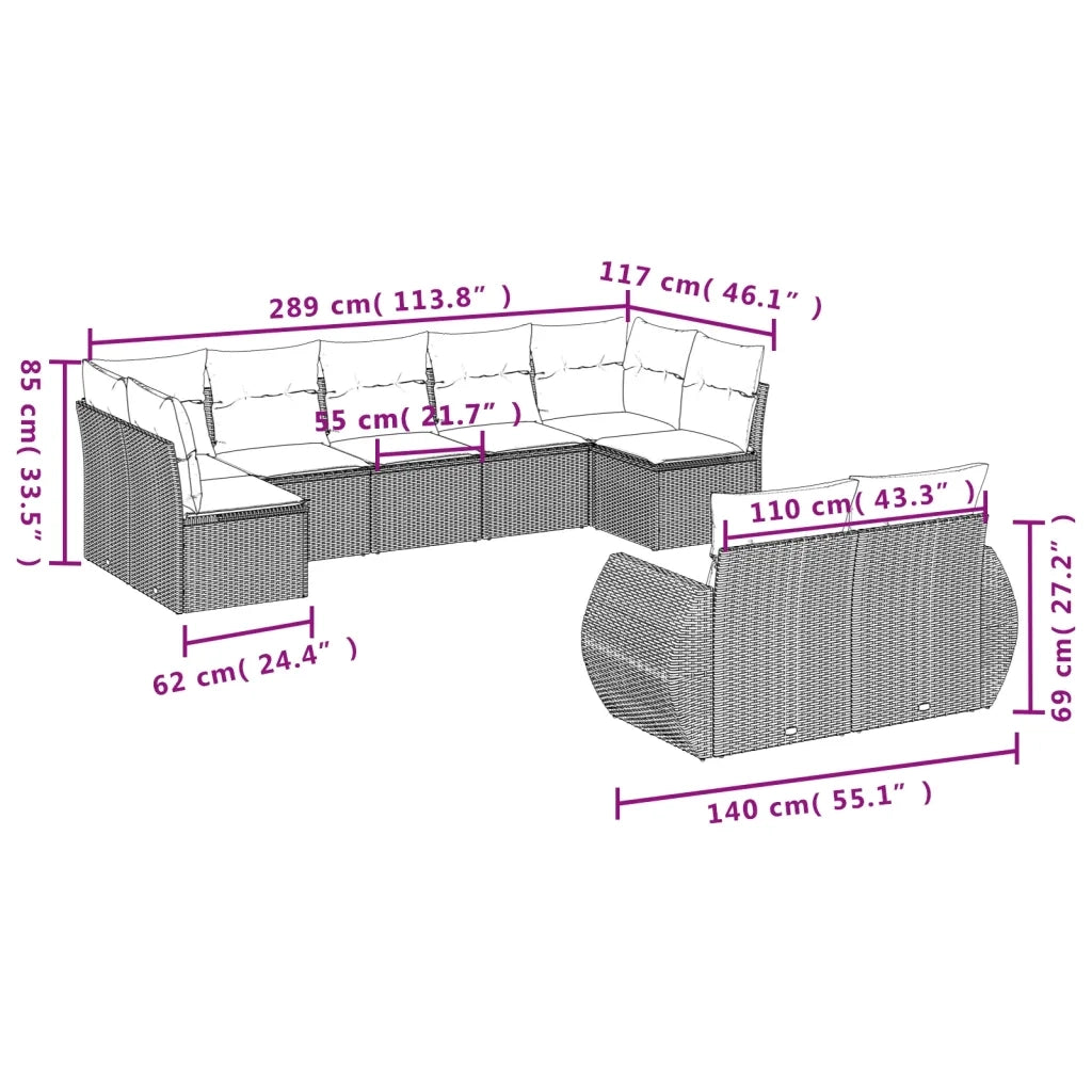 Set Divano da Giardino 9 pz con Cuscini Beige in Polyrattan 3221818