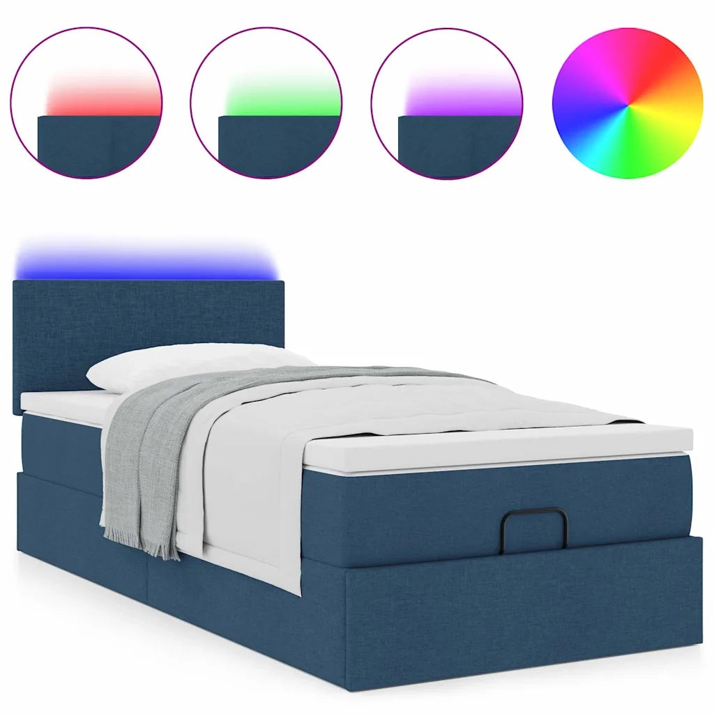 Pouf Letto con Materasso e LED Blu 90x200 cm in Tessuto