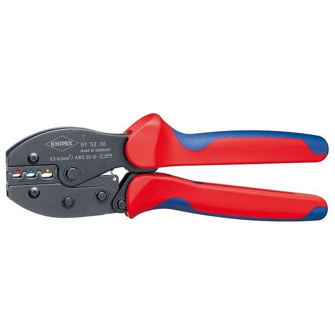 KNIPEX 97 52 36 PreciForce Pinza Crimpatrice per Terminali Isolati 0,5-6 mm² 3 Zone di Crimpatura con Leva Articolata e Blocco di Sicurezza Sbloccabile colore Rosso-Blu