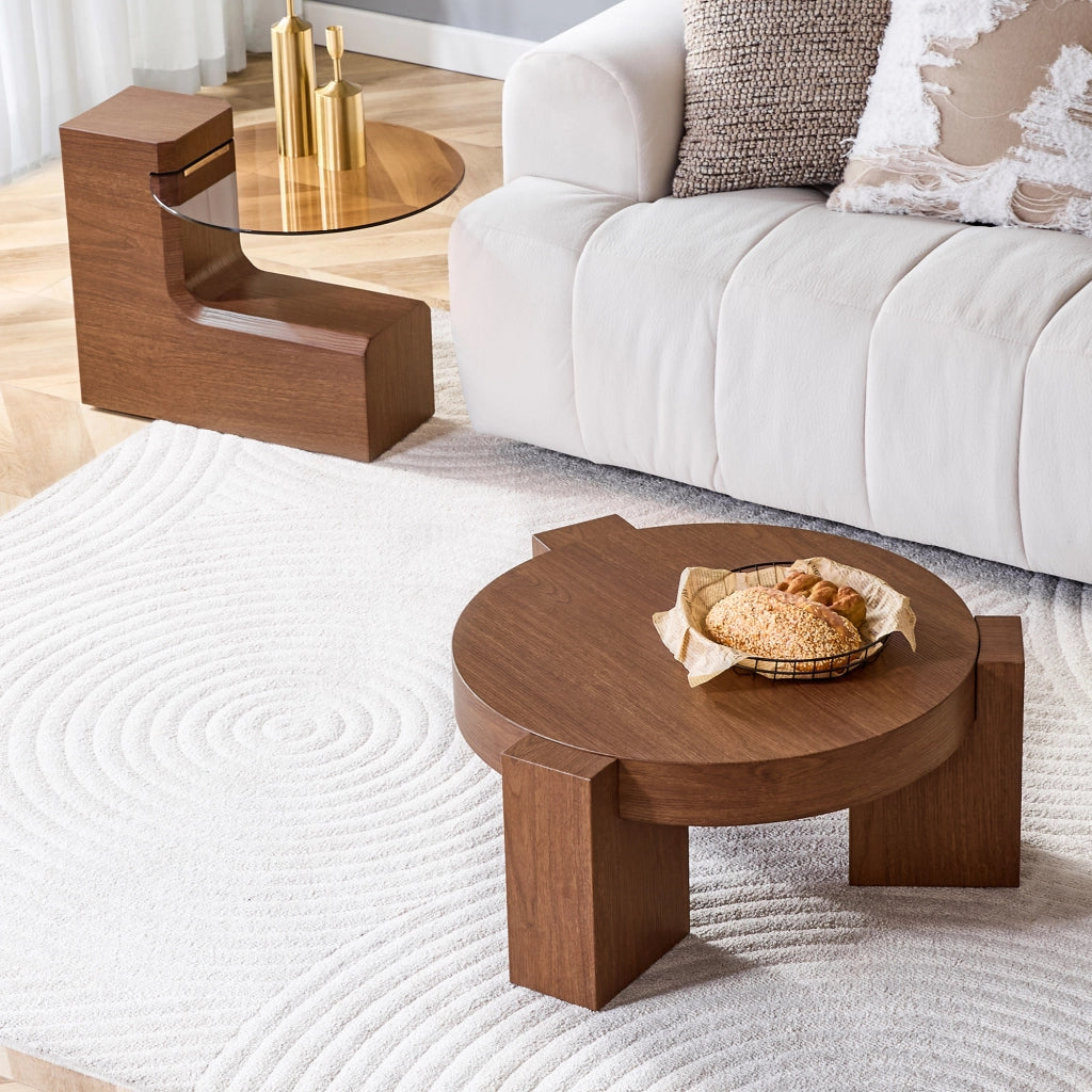Set di tavolini da caffè separabili con vetro marrone e MDF effetto noce