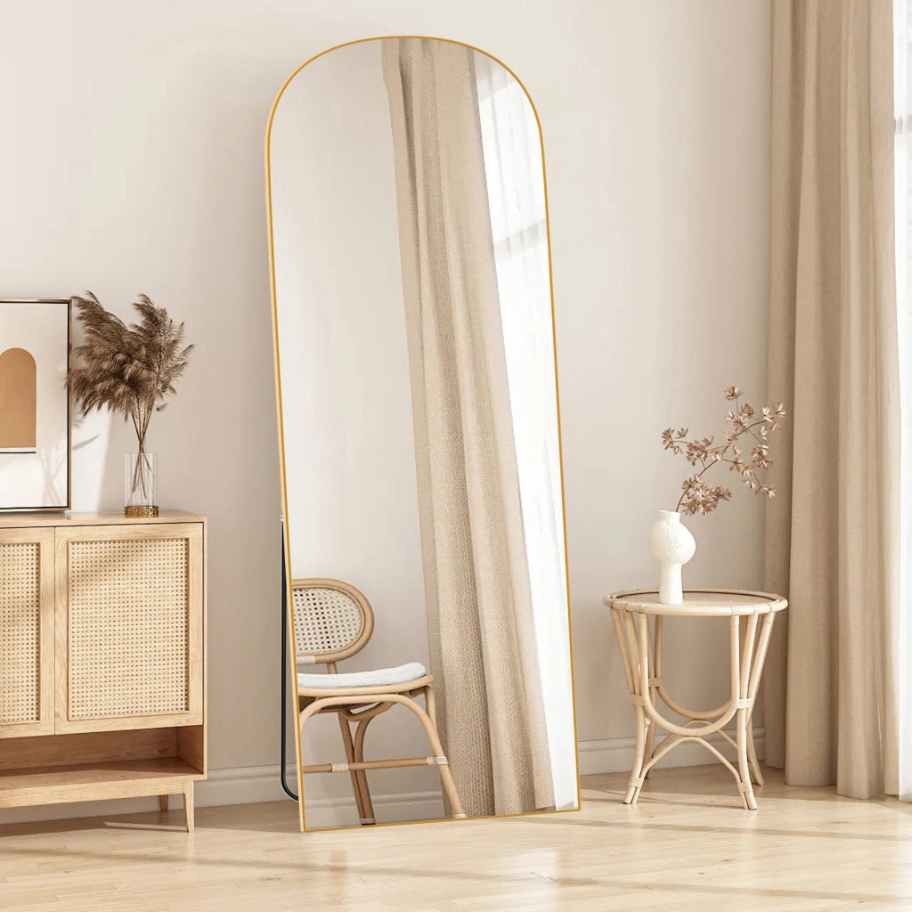 Specchio a figura intera 162 x 52 cm, specchio arcuato, specchio da terra con supporto, specchio arcuato a figura intera, oro, da terra o inclinabile