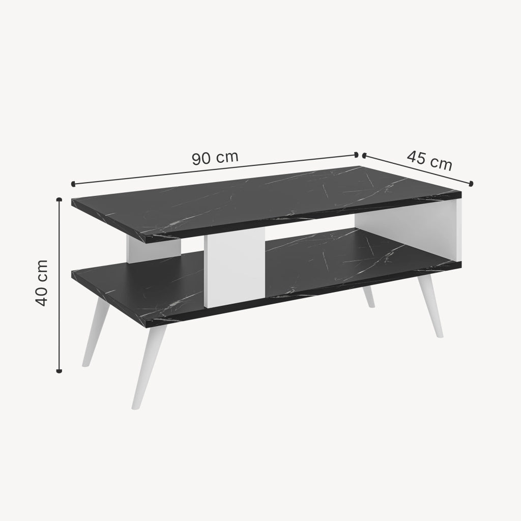 Tavolino Basso da Divano 'Lycksele' con Scomparto Semiaperto e 4 Piedini - Effetto Marmo Nero / Bianco [en.casa]