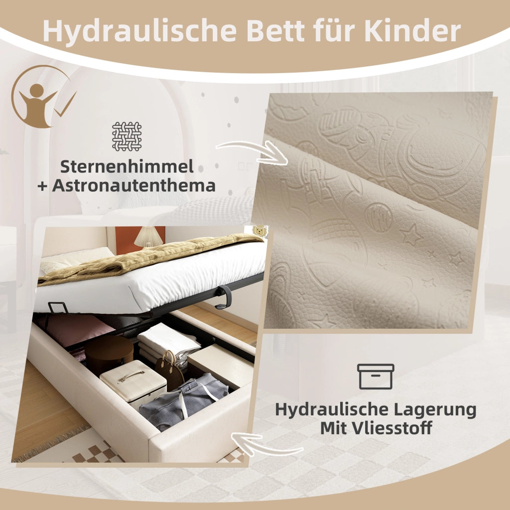 Letto bambino – 90x200 cm – motivo cosmico con materasso – PU beige