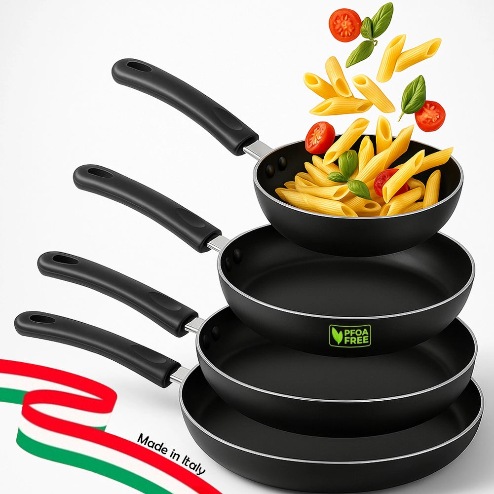Set 4 Padelle Vulcano 16-20-24-28 cm Fornello Gas Antiaderente Manici Soft Touch