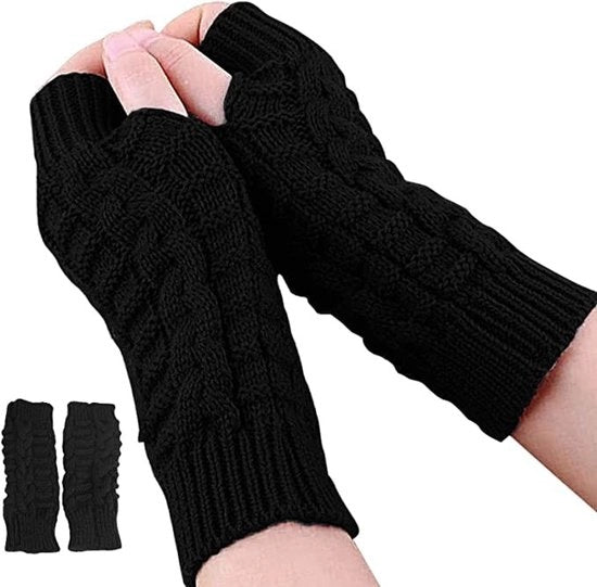 Maniche di pelle per donne invernali, guanti per polsi con dito, guanti a maglia con foro per l'indice, neri, unico modello