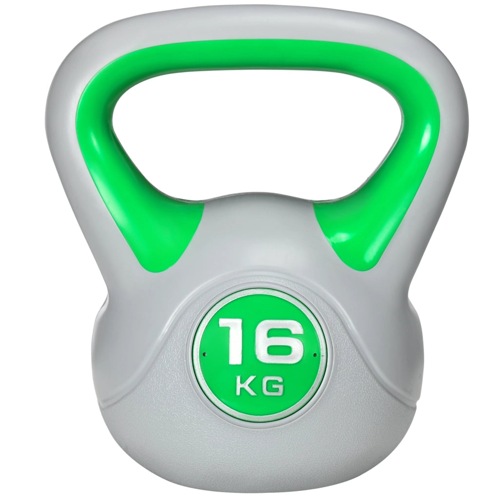 Kettlebell 16kg in PU e Sabbia con Base Piatta e Impugnatura per Stacchi, Squat e Sollevamenti, 27x17x31 cm, Verde