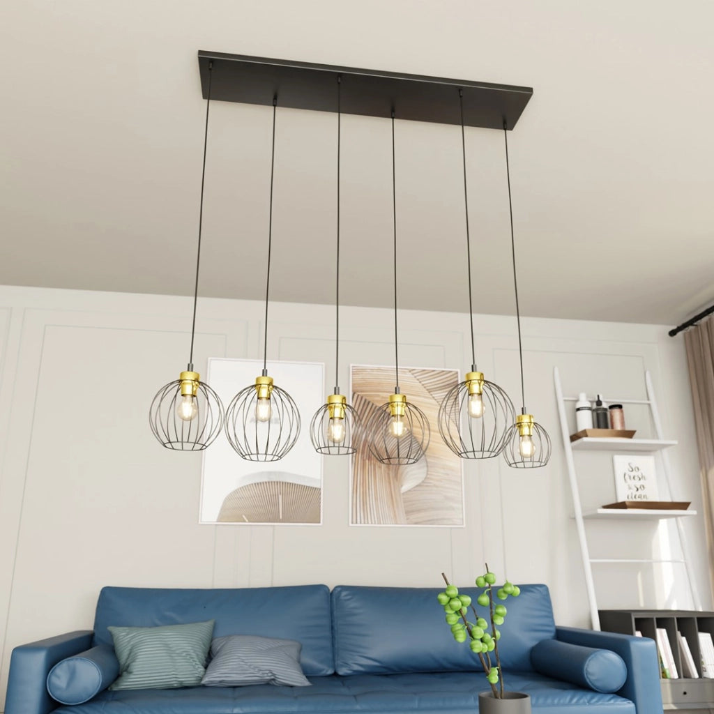 Lampada a sospensione loft nero-oro Nando 6 luci E27