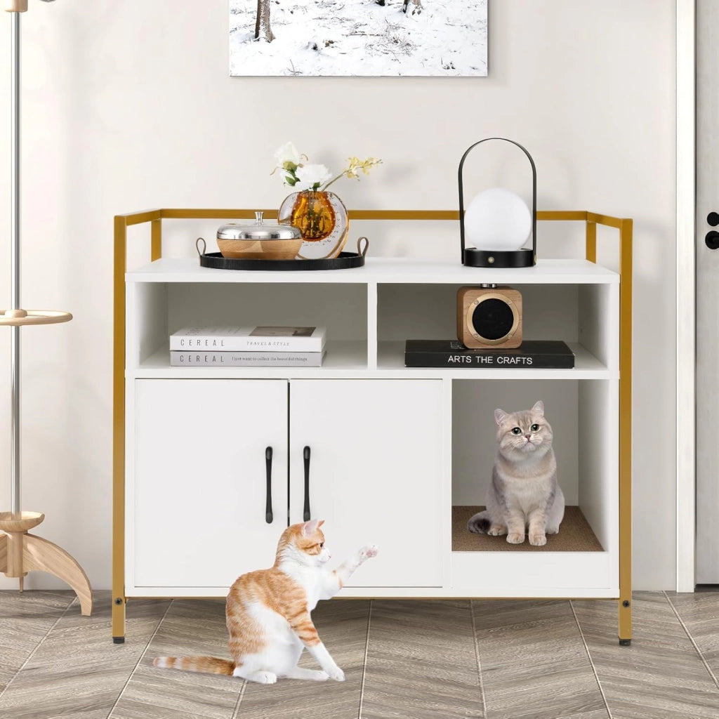 Mobile per Lettiera Gatti con Ripiani Aperti e Ripiani Chiusi con Maniglie, Mobiletto Multiuso in Legno e Metallo, Ideale per Ingresso e Soggiorno, Portata 50 kg (Bianco)