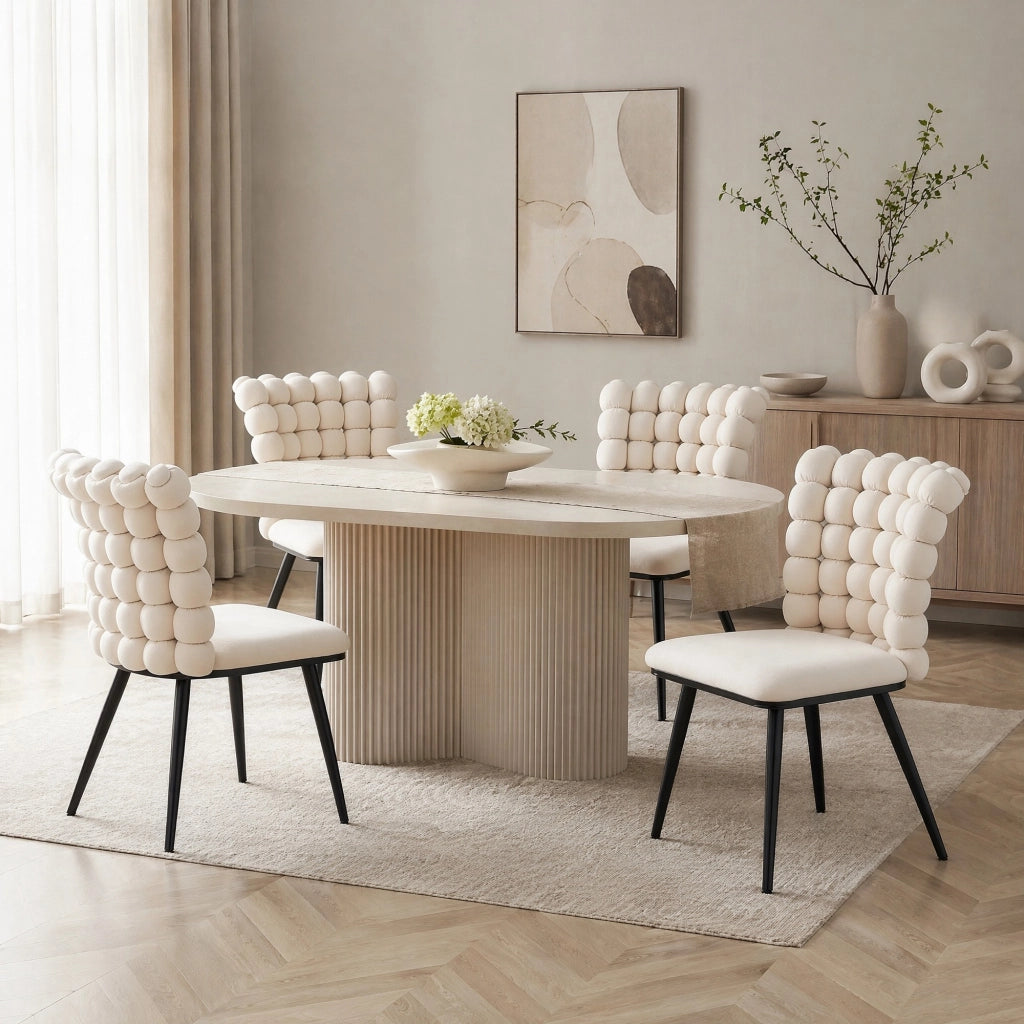 Sedia da pranzo in velluto off white con gambe nere