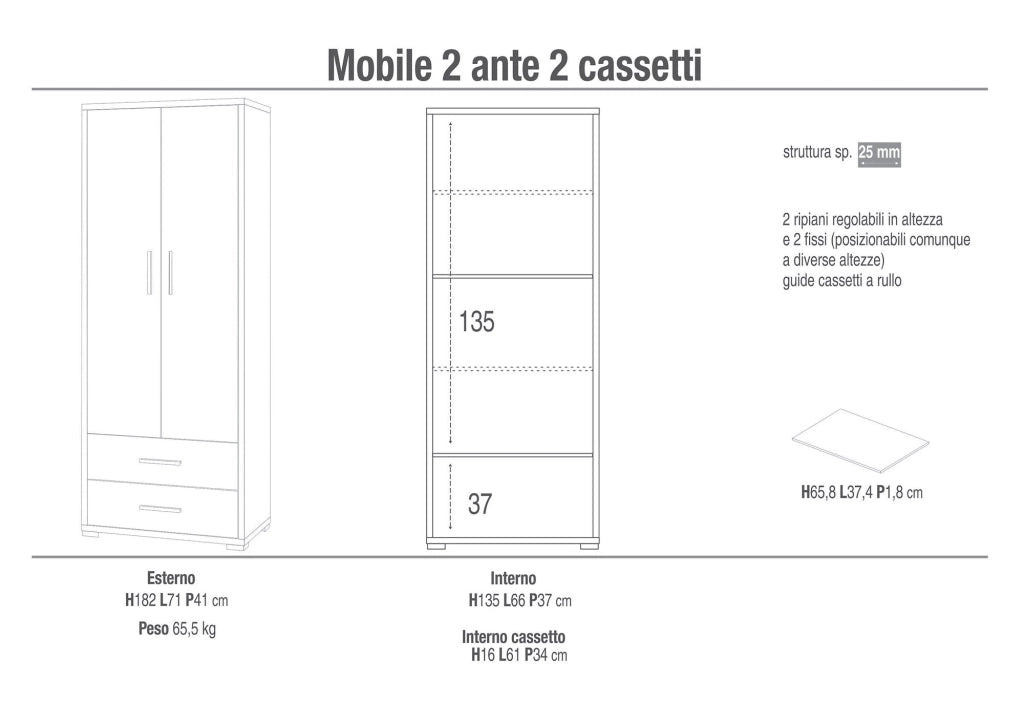 Armadio 2 Ante 2 Cassetti 71x182x41 cm Cemento