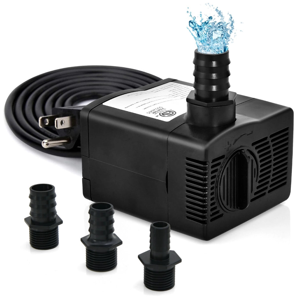 Pompa sommergibile da 1450 L/H, Pompa per fontane con sollevamento di 2,5 metri e 3 ugelli per acquari Nero