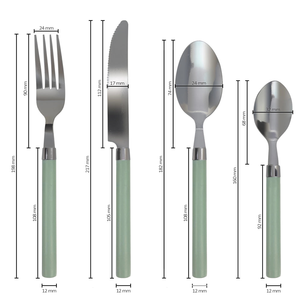 Servizio 24 Pezzi Posate Tavola Acciaio Inox Manici Colorati Tinta Unita Colori Moderni 6x Forchetta Coltello Cucchiaio Cucchiaino Lavabili Lavastoviglie Certificate Contatto Alimenti - Salvia