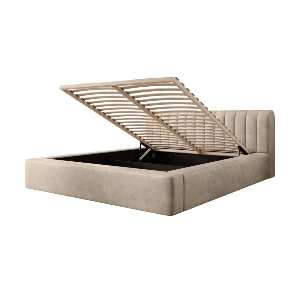 Letto contenitore CERVIN – Velluto morbido Nude Sablé – 140x200 cm – Rete sollevabile – Design elegante