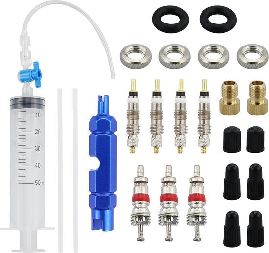 Spuit 60 ml - Liquido d'adeguamento - Strumento per rimuovere valvole - Compatibile con adesivi liquidi - Lega di alluminio - Incluso 8 nuclei e 8 coperture di valvola Presta - Injectiespuit