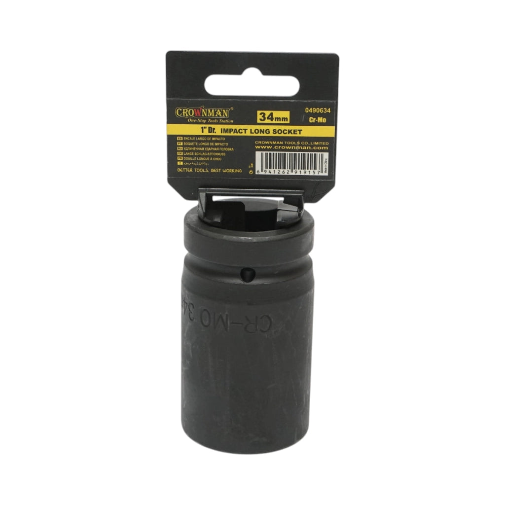 Chiave a bussola a percussione lunga 34 mm, 1 pollice quadrato, materiale Cr-Mo, norma DIN 3121, industriale Crownman