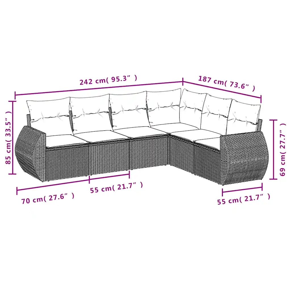 Set Divano da Giardino 6 pz con Cuscini Marrone in Polyrattan