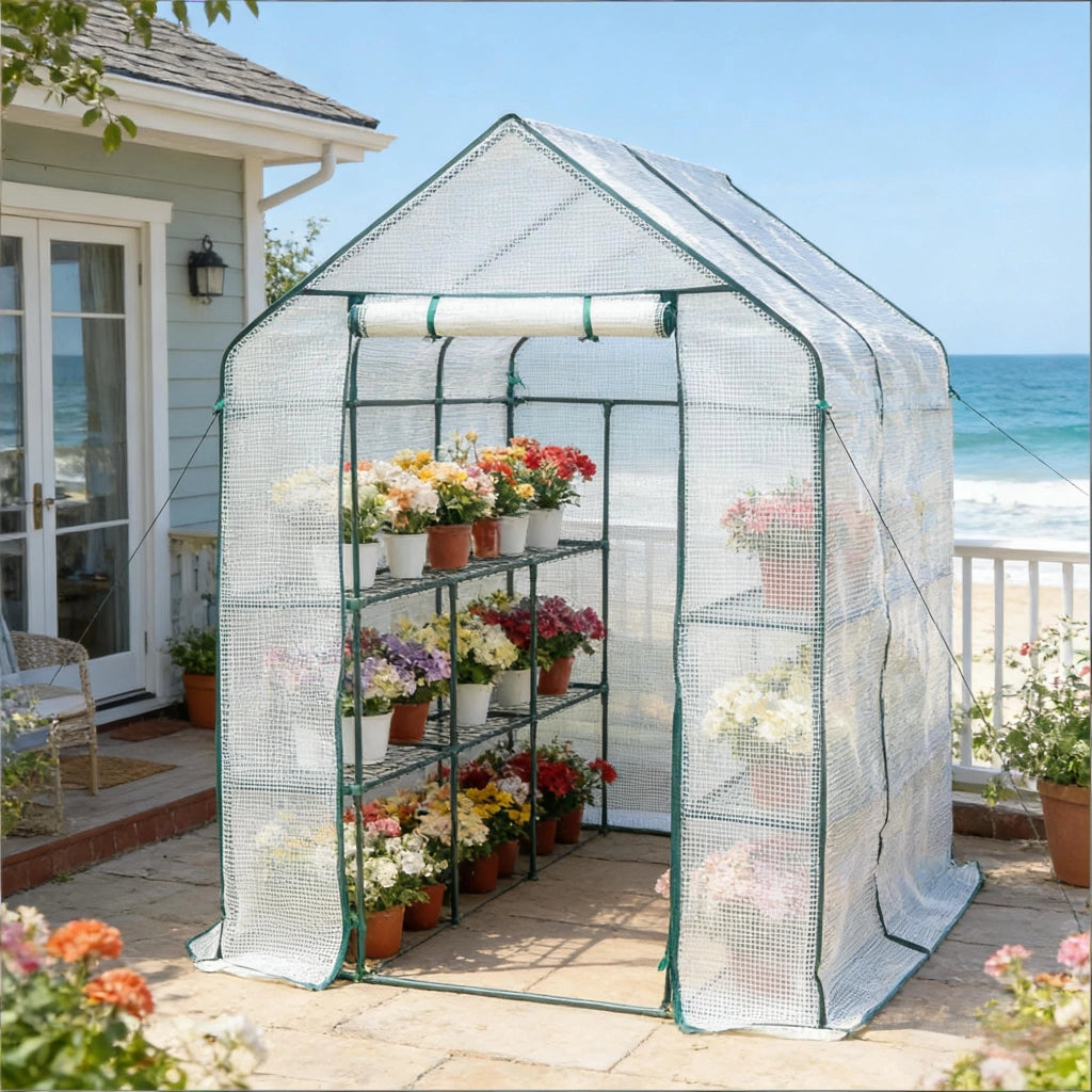 Serra a tunnel per pomodori con copertura resistente ai raggi UV struttura in acciaio bianca 143 × 215 × 195 cm