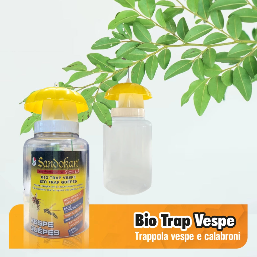 Sandokan, Bio Trap Trappola per Vespe e Calabroni Ecologica, Kit Completo 30g (3 Ricariche di Attrattivo Naturale da 10g), Trappole per Vespe da Giardino Riutilizzabili, Made in Italy