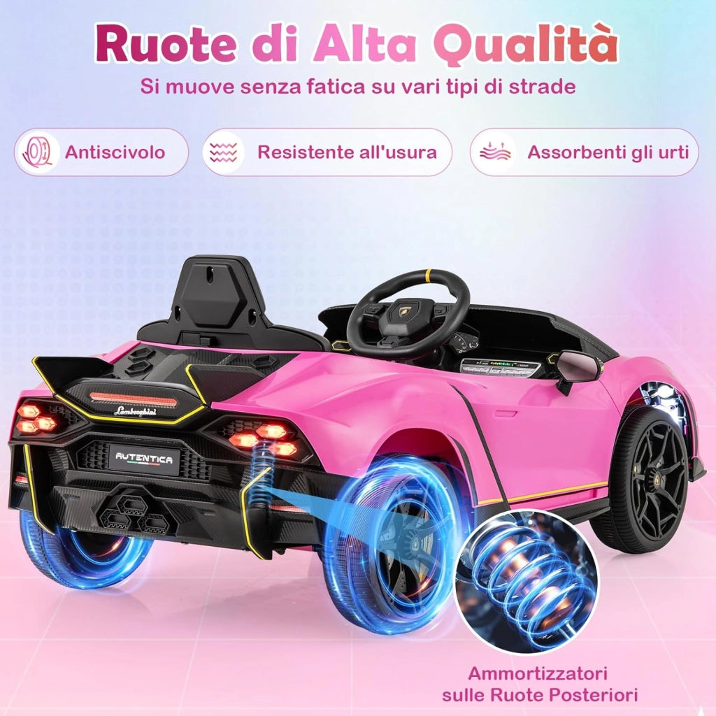12 V Lamborghini Macchina Elettrica per Bambini, Auto Elettrica Cavalcabile con Telecomando Luci Ammortizzatori a Mola, 3 Velocità, per Bambini 3-8 Anni, 2-4 Km/h (Rosa)