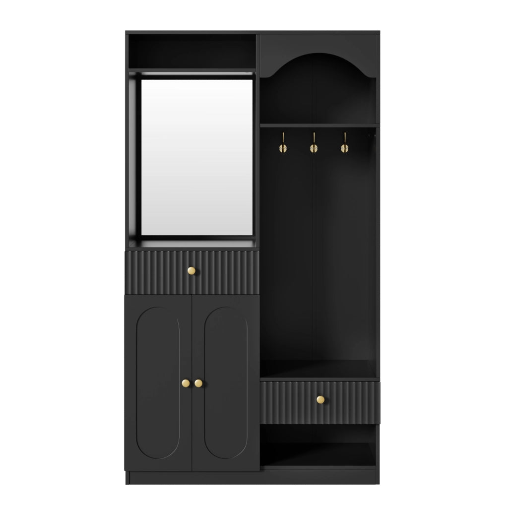 Mobile da ingresso con specchio, panca, appendiabiti, 2 ante, cassetti e LED regolabili, nero, 100 × 35 × 180 cm