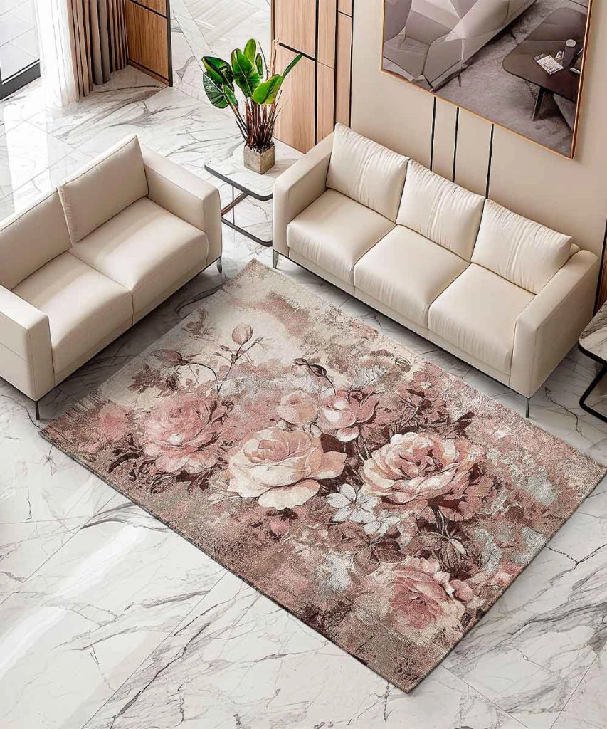Tappeto Arredo ROSE CIPRIA salotto soggiorno camera, disegno floreale giardino fiorito, multiuso lavabile antiscivolo cm.140x200